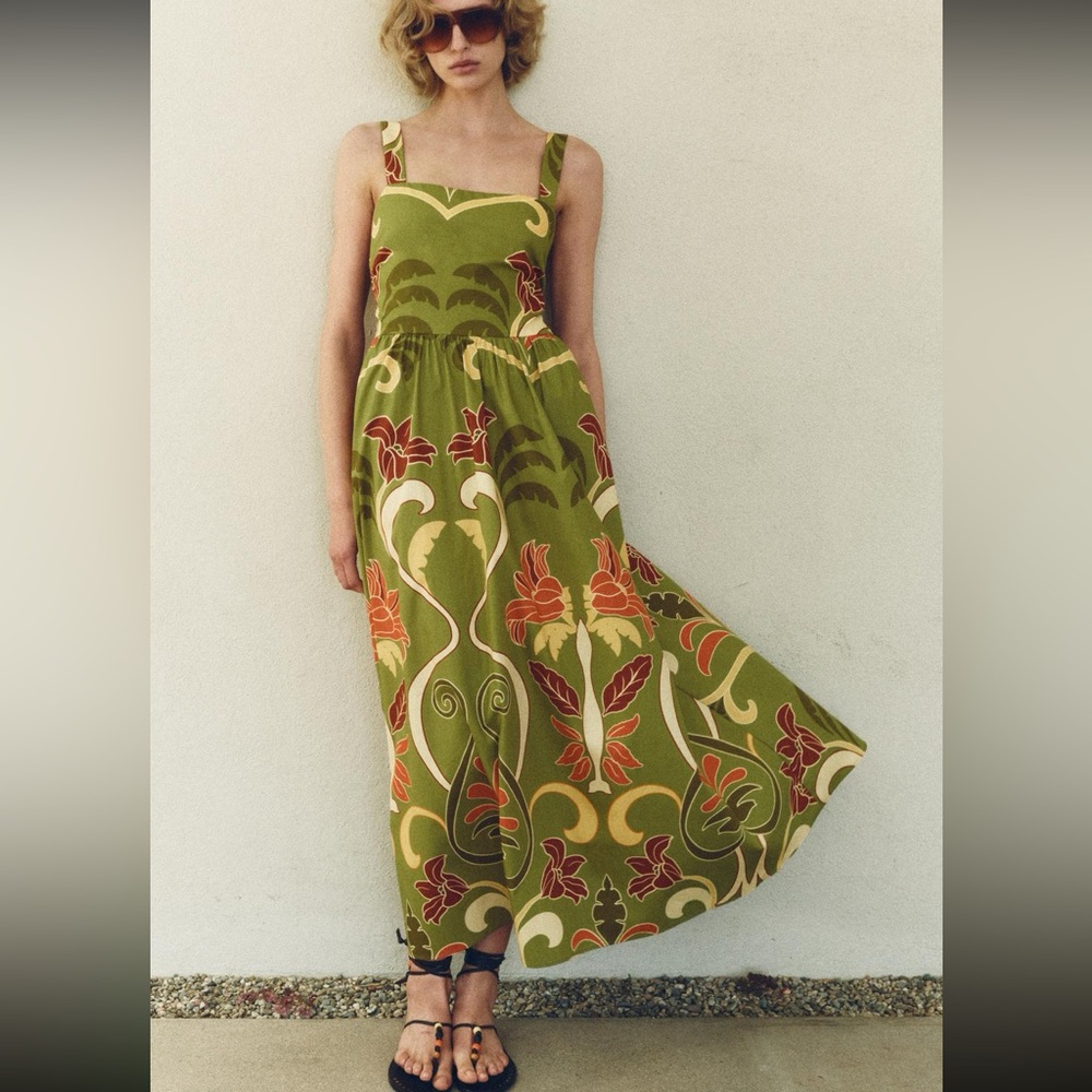 Zara limited edition printed bohemian cotton midi dress - Picture 2 of 10
